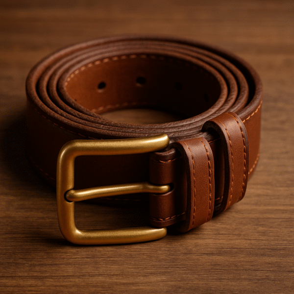 Genuine Brown Leather Belt with Antique Brass Buckle